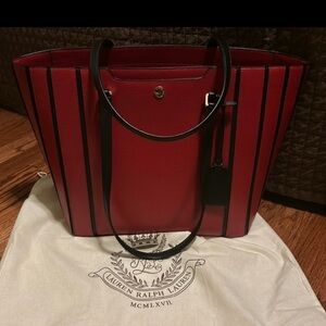Beautiful Brand New Red Leather, Black Striped Lauren Ralph Lauren Tote